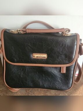 Sonoma Black and Brown Trim Leather Satchel with Gold Plaque Gently USED